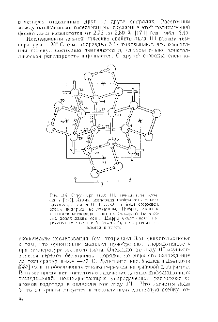 Структура льда III, показанная вдоль осп с [174]. Атомы кислорода изображены в виде кружков, а связи О—Н ... О — в виде стержней, атомы водорода не показаны. Цифры, стоянию v атомов кислорода, дают нх г-коордппаты в сотых долях длины осп с. Цифры около связей выражают их длины в А. Атомы 0| и 02 рассматриваются в тексте.