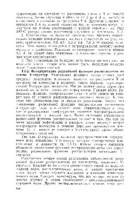 Так как О-структура является пространственным усреднением всех локальных У-структур, которые одновременно присутствуют в жидкости (п. 4.1.1), многие авторы пытались объяснить радиальные функции распределения воды как усредненные радиальные функции распределения нескольких V-структур.