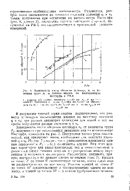 Зависимость числа оборотов цилиндра от величины груза р! по данным опытов на вискозиметрах Инсторфа и РВ-4