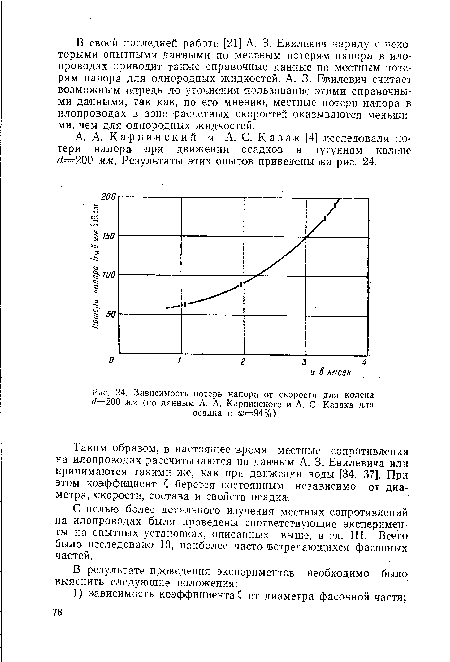Зависимость потерь напора от скорости для колена й—200 мм (по данным А. А. Карпинского и А. С. Казака для осадка с а>=94%)