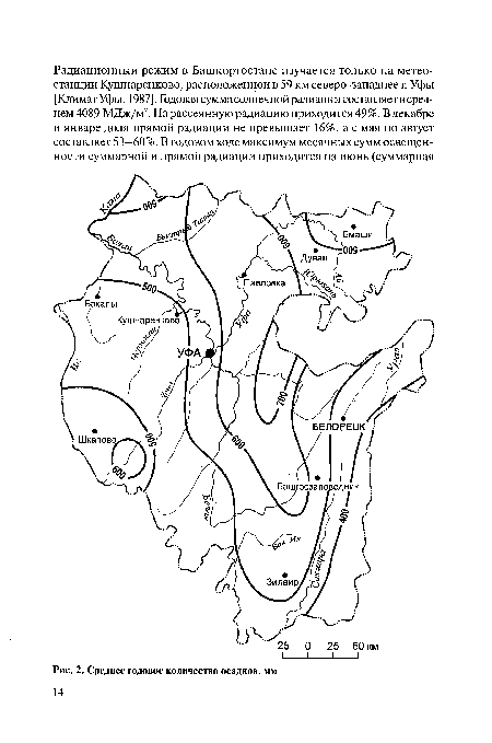 Среднее годовое количество осадков, мм 14