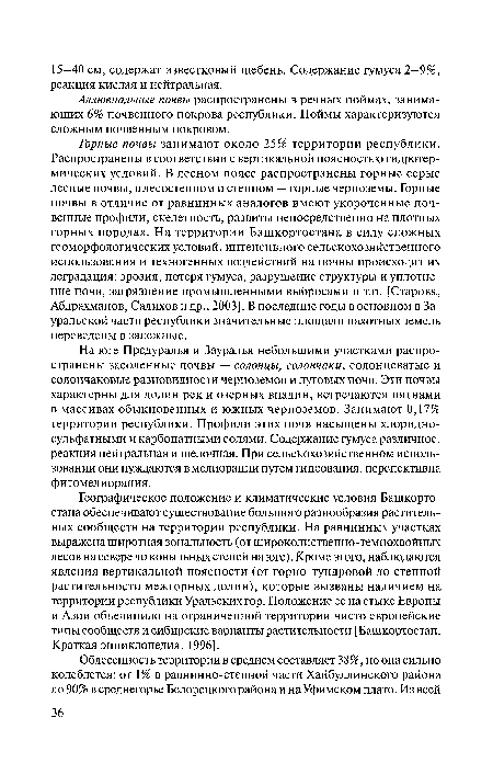 Горные почвы занимают около 25% территории республики. Распространены в соответствии с вертикальной поясностью гидротермических условий. В лесном поясе распространены горные серые лесные почвы, в лесостепном и степном — горные черноземы. Горные почвы в отличие от равнинных аналогов имеют укороченные почвенные профили, скелетность, развиты непосредственно на плотных горных породах. На территории Башкортостана в силу сложных геоморфологических условий, интенсивного сельскохозяйственного использования и техногенных воздействий на почвы происходит их деградация: эрозия, потеря гумуса, разрушение структуры и уплотнение почв, загрязнение промышленными выбросами и т.п. [Старова, Абдрахманов, Салихов и др., 2003]. В последние годы в основном в Зауральской части республики значительные площади пахотных земель переведены в залежные.