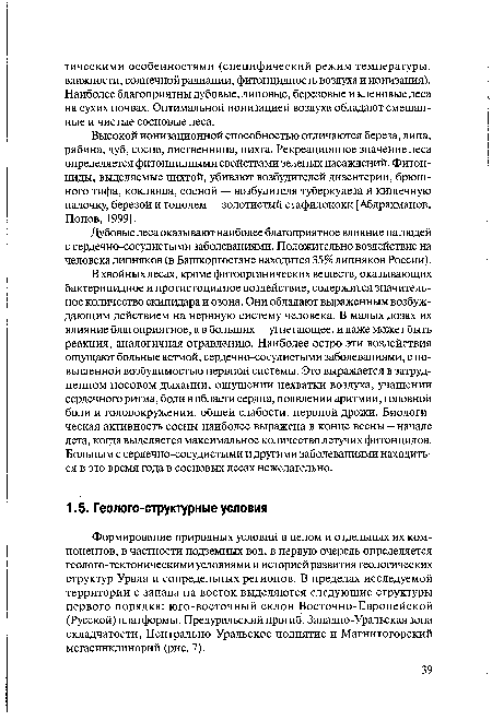 Формирование природных условий в целом и отдельных их компонентов, в частности подземных вод, в первую очередь определяется геолого-тектоническими условиями и историей развития геологических структур Урала и сопредельных регионов. В пределах исследуемой территории с запада на восток выделяются следующие структуры первого порядка: юго-восточный склон Восточно-Европейской (Русской) платформы, Предуральский прогиб, Западно-Уральская зона складчатости, Центрально-Уральское поднятие и Магнитогорский мегасинклинорий (рис. 7).