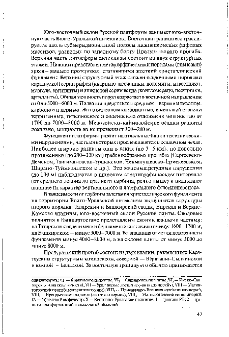 В зависимости от глубины залегания кристаллического фундамента на территории Волго-Уральской антеклизы выделяются структуры второго порядка: Татарский и Башкирский своды, Бирская и Верхне-Камская впадины, юго-восточный склон Русской плиты. Сводовые поднятия в Башкортостане представлены своими южными частями; на Татарском своде отметки фундамента составляют минус 1600—1700 м, на Башкирском — минус 3000—7000 м. Во впадинах отметки поверхности фундамента минус 4000—8000 м, а на склоне плиты от минус 3000 до минус 8000 м.