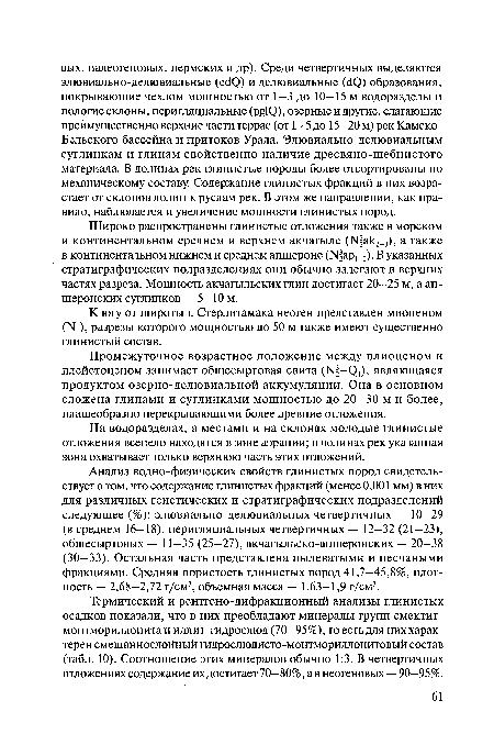 Термический и рентгено-дифракционный анализы глинистых осадков показали, что в них преобладают минералы групп смектит-монтмориллонита и иллит-гидрослюд (70—95%), то есть для них характерен смешаннослойный гидрослюдисто-монтмориллонитовый состав (табл. 10). Соотношение этих минералов обычно 1:3. В четвертичных отложениях содержание их достигает 70—80%, а в неогеновых — 90—95%.