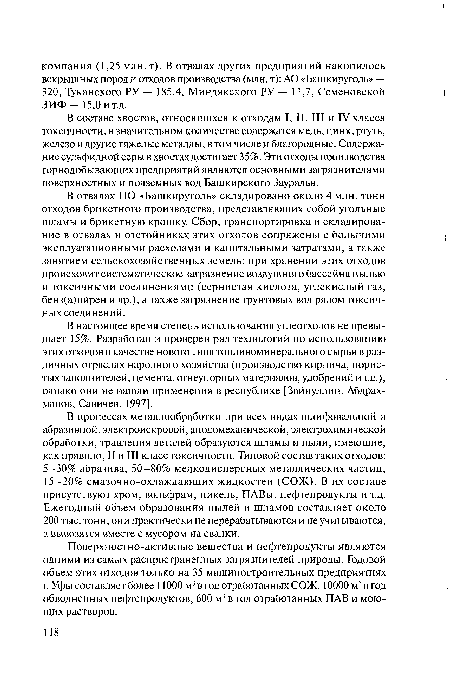 В составе хвостов, относящихся к отходам I, II, III и IV класса токсичности, в значительном количестве содержатся медь, цинк, ртуть, железо и другие тяжелые металлы, в том числе и благородные. Содержание сульфидной серы в хвостах достигает 35%. Эти отходы производства горнодобывающих предприятий являются основными загрязнителями поверхностных и подземных вод Башкирского Зауралья.