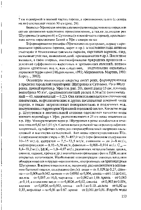 В формировании рельефа «Уфимского полуострова», наряду с природными процессами (эрозия, карст и пр.), в последние годы активно участвуют и техногенные (засыпка оврагов, карстовых воронок, озер, намывные участки, возведение дамб, проходка канав и др.). Последние вызвали, в свою очередь, интенсификацию природных процессов — усиление суффозионно-карстовых и эрозионных явлений, подъем уровня грунтовых вод и, как следствие,— подтопление отдельных городских территорий [Абдрахманов, 1993; Абдрахманов, Мартин, 1993; Карст..., 2002].