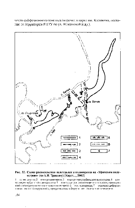 Схема расположения палеодолин и палеоврезов на «Уфимском полуострове» (по А.И. Травкину) [Карст..., 2002]