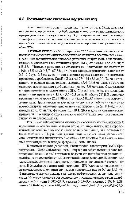 Режимные наблюдения за химическим составом и минерализацией воды источников свидетельствуют о том, что на участках, где антропогенное воздействие на подземные воды небольшое, эти показатели более стабильны. На участках, где вмешательство человека постоянное, они испытывают значительные колебания по сезонам года (максимальные концентрации в январе-феврале и июне-июле).