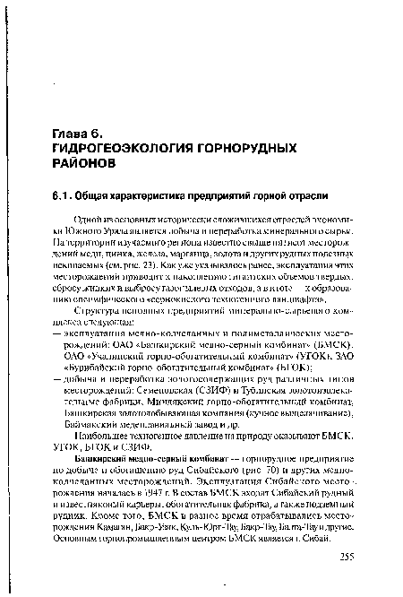 Одной из основных исторически сложившихся отраслей экономики Южного Урала является добыча и переработка минерального сырья. На территории изучаемого региона известно свыше пятисот месторождений меди, цинка, железа, марганца, золота и других рудных полезных ископаемых (см. рис. 23). Как уже указывалось ранее, эксплуатация этих месторождений приводит к накоплению гигантских объемов твердых, сбросу жидких и выбросу газопылевых отходов, а в итоге — к образованию специфического «сернокислого техногенного ландшафта».