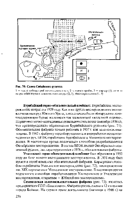 Учалинский горно-обогатительный комбинат был образован в 1953 году на базе нового колчеданного месторождения. В 1956 году был пущен в строй комплекс обогатительной фабрики. Карьерным способом отработаны Учалинское месторождение (рис. 72), месторождение им. XIX партсъезда и Молодежное месторождение. В настоящее время подземным способом отрабатываются Узельгинское и Учалинское месторождения, открытым — Юбилейное месторождение.