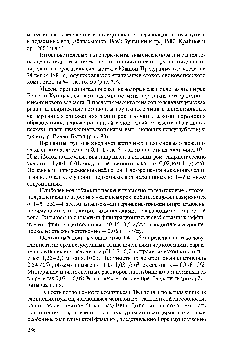 Почвенный покров мощностью 0,4—0,6 м представлен тяжелосуглинистыми среднегумусными выщелоченными черноземами, характеризовавшимися величиной pH 5,7—6,7, гидролитической кислотностью 0,35-2,1 мг-экв/100 г. Плотность их до орошения составляла 2,59-2,74, объемная масса — 1,0—1,08 г/см3, скважность — 60-61,5%. Минерализация почвенных растворов на глубине до 5 м изменялась в пределах 0,071-0,096%, в солевом составе преобладали гидрокарбонаты кальция.