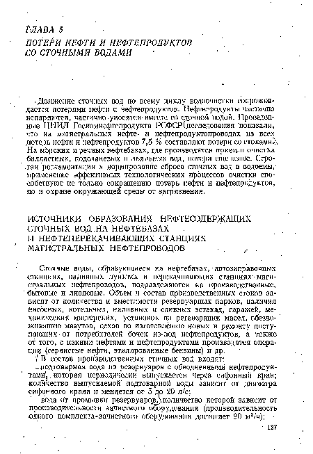Сточные воды, образующиеся на нефтебазах, автозаправочных станциях, наливных пунктах и перекачивающих станциях ■ магистральных нефтепроводов, подразделяются на производственные, бытовые и ливневые. Объем и состав производственных стоков зависят от количества и вместимости резервуарных парков, наличия насосных, котельных, наливных и сливных эстакад, гаражей, механических мастерских, установок по регенерации масел, обезвоживанию мазутов, цехов по изготовлению новых и ремонту поступающих от потребителей бочек из-под нефтепродуктов, а также от того, с какими нефтями и нефтепродуктами производятся операции (сернистые нефти, этилированные бензины) и др.