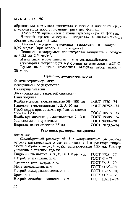 Диапазон измеряемых концентраций виндитата в воздухе от 0,25 до 2,5 мг/м3.