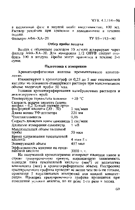 Воздух с объемным расходом 10 л/мин аспирируют через фильтр АФА-ХА-20. Для измерения 1/2 ОБУВ следует отобрать 100 л воздуха. Пробы могут храниться в течение 2-х суток.