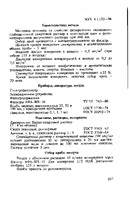 Суммарная погрешность измерения не превышает ±25 %. Время выполнения измерения, включая отбор проб, -20 мин.