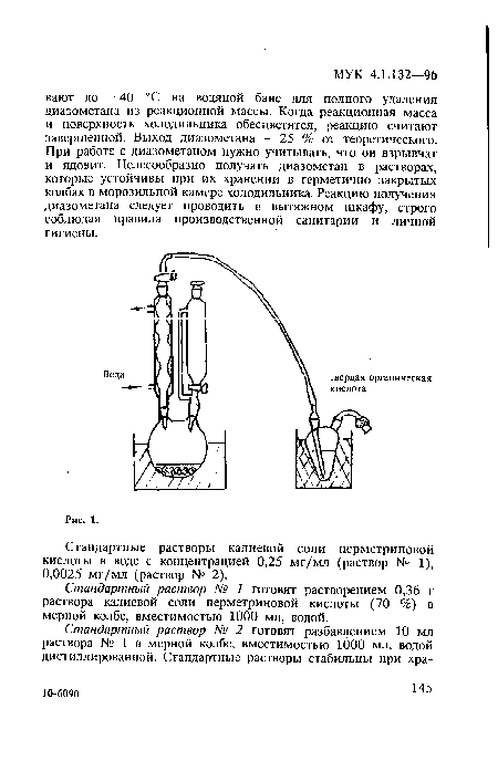 Стандартный раствор N° 1 готовят растворением 0,36 г раствора калиевой соли перметриновой кислоты (70 %) в мерной колбе, вместимостью 1000 мл, водой.