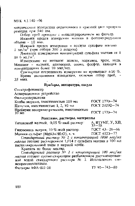 Диапазон измеряемых концентраций сульфата магния от 1 до 6 мг/м3.