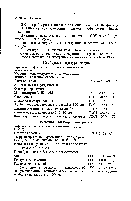 Нижний предел измерения в воздухе - 0,05 мг/м3 (при отборе 200 л воздуха).