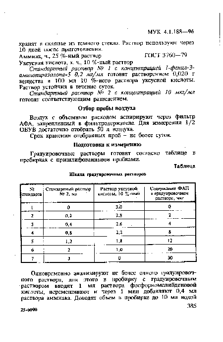 Стандартный раствор № 1 с концентрацией 1-фенил-3 -аминопиразолона-5 0,2 мг/мл готовят растворением 0,020 г вещества в 100 мл 10 %-ного раствора уксусной кислоты. Раствор устойчив в течение суток.