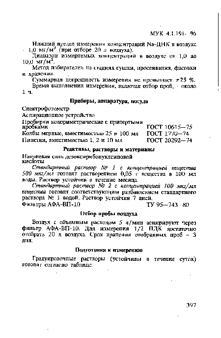 Воздух с объемным расходом 5 л/мин аспирируют через фильтр АФА-ВП-10. Для измерения 1/2 ПДК достаточно отобрать 20 л воздуха. Срок хранения отобранных проб - 3 дня.