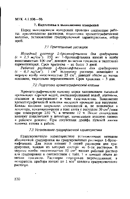 Перед выполнением измерений проводят следующие работы: приготовление растворов, подготовка хроматографической колонки, установление градуировочной характеристики, отбор проб.