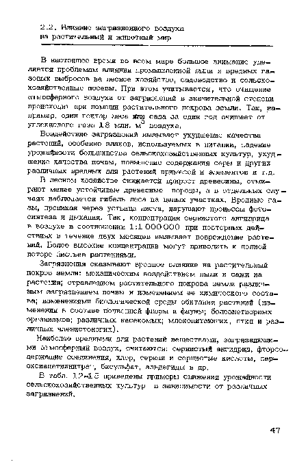 Воздействие загрязнений вызывает ухудшение качества растений, особенно злаков, используемых в питании, падение урожайности большинства сельскохозяйственных культур, ухудшение качества почвы, повышение содержания серы и других различных вредных для растений примесей и элементов и т.д.