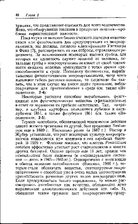 Пока наука не выяснит биологического значения микотоксинов или фитотоксинов для продуцирующих их микроорганизмов, мы должны, согласно классификации Уиттэкера и Фини [7], рассматривать их как отбросы, отравляющие реципиента. За исключением некоторых высших грибов, для которых их ядовитость служит защитой от человека, остальные грибы и микроорганизмы не имеют от своей токсичности никаких видимых преимуществ с точки зрения приспособленности к среде. Поскольку фитотоксины, вырабатываемые фитопатогенными микроорганизмами, чаще всего вызывают гибель растения-хозяина, то следовало бы сказать, что в этом случае мы имеем делос признаком, неблагоприятным для приспособления к среде (см. также «Дополнения», 2-4).