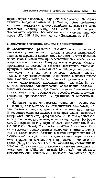 Эволюционное развитие членистоногих привело к появлению у них широкого арсенала средств химической защиты (а нередко и нападения), в котором имеется большое число ядов и множество приспособлений для введения их в организм противника. Хотя ядовитые вещества убивают противника не всегда, их действия достаточно, чтобы отпугнуть и отогнать нежеланного пришельца. Многие позвоночные — и в их числе человек — весьма чувствительны к яду членистоногих. Знакомство с жалом пчелы или скорпиона никогда не приносит удовольствия. Согласно экологической классификации (см. табл. 1), защитные вещества членистоногих, обладающие аллелохи-мическим (межвидовым) действием, должны быть отнесены к алломонам, т. е. к веществам, способствующим лучшей адаптации производящего их организма к окружающей среде.