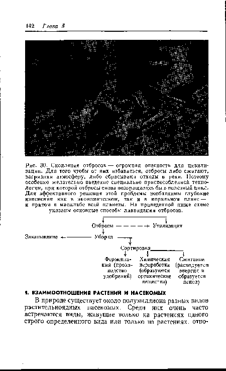 Скопление отбросов — огромная опасность для цивилизации. Для того чтобы от них избавиться, отбросы либо сжигают, загрязняя атмосферу, либо сбрасывают отходы в реки. Поэтому особенно желательно введение специально приспособленной технологии, при которой отбросы снова возвращались бы в полезный цикл. Для эффективного решения этой проблемы необходимы глубокие изменения как в экономическом, так и в моральном плане — и притом в масштабе всей планеты. На приведенной ниже схеме указаны основные способы ликвидации отбросов.