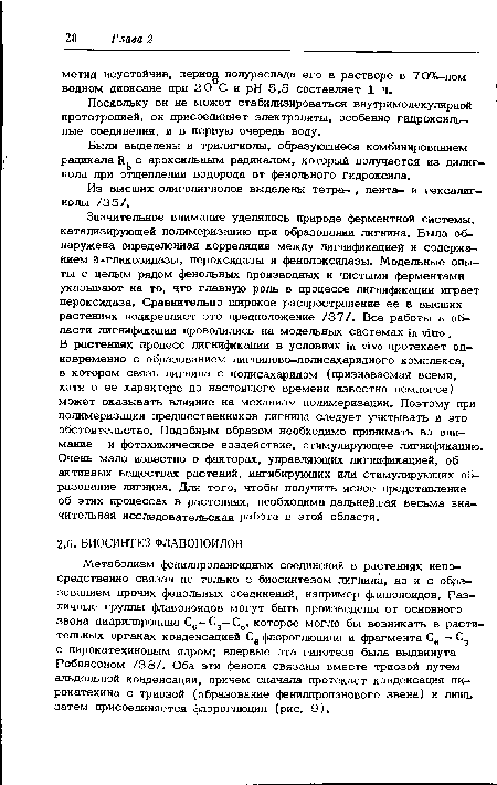 Были выделены и трилигнолы, образующиеся комбинированием радикала с ароксильным радикалом, который получается из дилиг-нола при отщеплении водорода от фенольного гидроксила.