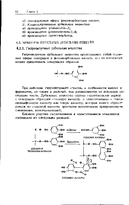 При действии гидролизующих агентов, в особенности кислот и ферментов, но также и щелочей, они расщепляются на исходные составные части. Дубильные вещества группы галлотаннинов наряду с сахаридом образуют галловую кислоту, а эллаготаннины — гекса— оксидифеновую кислоту или такую кислоту, которая может образоваться из галловой кислоты простыми химическими превращениями (окисление, восстановление).