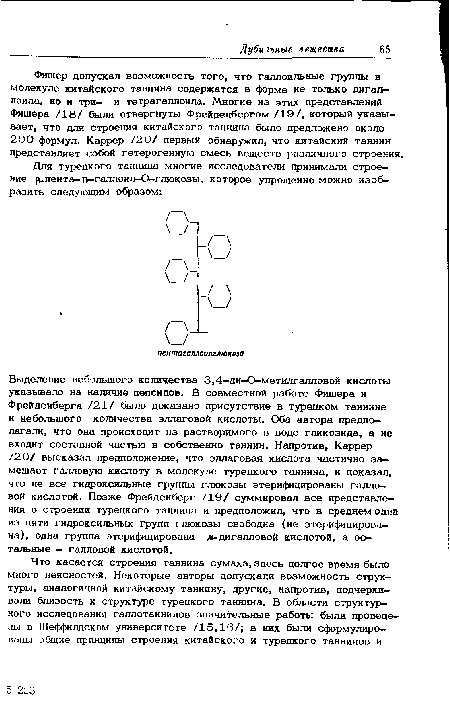 Выделение небольшого количества 3,4-ди—О-метилгалловой кислоты указывало на наличие депсидов. В совместной работе Фишера и Фрейденберга /21/ было доказано присутствие в турецком таннине и небольшого количества эллаговой кислоты. Оба автора предполагали, что она происходит из растворимого в воде гликозида, а не входит составной частью в собственно таннин. Напротив, Каррер /20/ высказал предположение, что эллаговая кислота частично замещает галловую кислоту в молекуле турецкого таннина, и показал, что не все гидроксильные группы глюкозы этерифицированы галловой кислотой. Позже Фрейденберг /19/ суммировал все представления о строении турецкого таннина и предположил, что в среднем одна из пяти гидроксильных групп глюкозы свободна (не этерифицирова— на), одна группа этерифицирована м-дигалловой кислотой, а остальные - галловой кислотой.