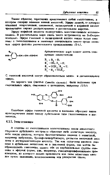 Эфиры кофейной кислоты подвергались многочисленным исследованиям. В растительном мире очень часто встречаются ее 3—О-про-изводные. Эфиры галловой и оксикоричной кислот также тесно связаны с галлотаннинами и занимают значительное место среди сложных эфиров фенолов растительного происхождения /24/.