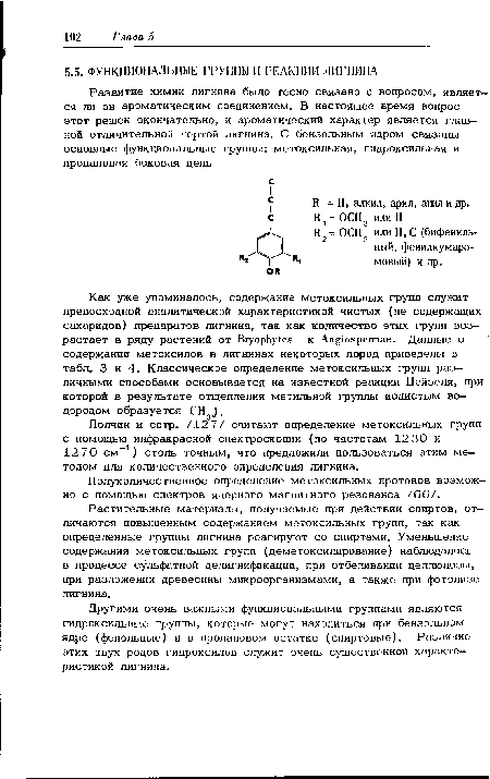 Другими очень важными функциональными группами являются гидроксильные группы, которые могут находиться при бензольном ядре (фенольные) и в пропановом остатке (спиртовые). Различие этих двух родов гидроксилов служит очень существенной характеристикой лигнина.