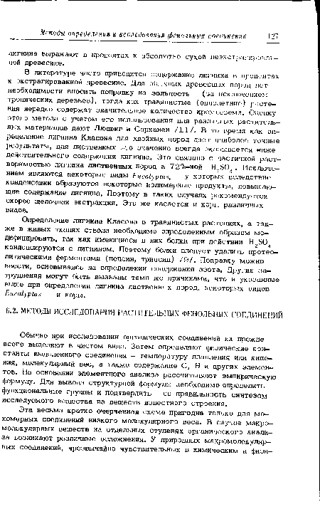 Определение лигнина Класона в травянистых растениях, а также в живых тканях ствола необходимо определенным образом модифицировать, так как имеющиеся в них белки при действии H2S04 конденсируются с лигнином. Поэтому белки следует удалить протео-литическими ферментами (пепсин, трипсин) /9/. Поправку можно ввести, основываясь на определении содержания азота. Другие затруднения могут быть вызваны теми же причинами, что и указанные выше при определении лигнина лиственных пород, некоторых видов Eucalyptus и коры.