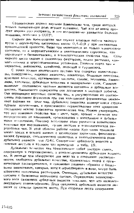 Сырьем для производства чая служат молодые побеги чайного куста с двумя-тремя листочками весом 0,4-0,9 г при достижении промышленной зрелости. Виды чая отличаются не только химическим составом, но и морфологическим и анатомическим строением, что определяет и биохимические, и технологические свойства чая. Сбор чайного листа связан с сезонными факторами, видом растения, климатическими и агротехническими условиями. Главные сорта чая -индийский, цейлонский, китайский, японский и грузинский.