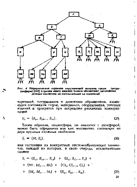 Иерархическое строение окружающей человека среды (антропосферы) (157] (стрелки внизу нижних блоков обозначают дальнейшее деление экосистем на составляющие их элементы)