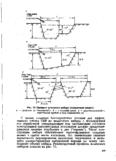 С целью создания благоприятных условий для эффективного отбора ОБР из шламового амбара с последующей его обработкой отверждающим или загущающим составом конструкцией накопительных котлованов должно предусматриваться наличие углубления в дне ("карман"). Такая конструкция амбара обеспечивает гарантированное оседание шлама в одном месте котлована, что значительно снижает вероятность формирования шламовых терриконов и меньшего распространения выбуренной породы по всему свободному объему амбара. Рекомендуемый профиль шламовых амбаров показан на рис. 73.