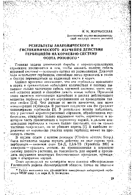 Однако практика показывает, что эти гербициды проникают в корни в сравнительно небольших количествах и поэтому вызывают только частичную гибель корневой системы; часть корней остается живой и способна давать новые побеги. Причиной этого является постепенная адсорбция и распад действующего вещества гербицида при его передвижении по проводящим тканям стебля [2,4]. Чем дальше от места нанесения, тем ниже концентрация гербицида. В растении создается как бы градиент концентрации гербицида [3]. В результате можно наблюдать, что у растений корнеотарысковых сорняков, обработанных гербицидами, отмирают только надземная часть, корневище и некоторая часть прилегающих к корневищу корней, а дальше концентрация гербицида в тканях падает настолько, что он только частично повреждает, но не убивает корень [1]. В наиболее отдаленные от корневища участки корня гербицид может не проникнуть совсем.