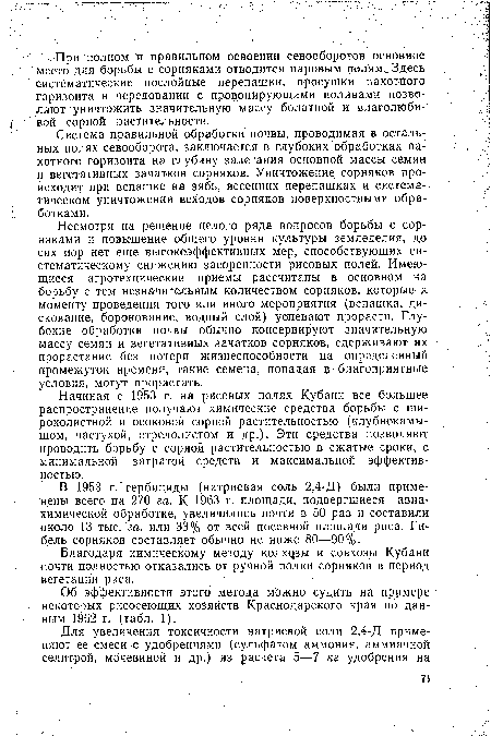 В 1953 г.‘гербициды (натриевая соль 2,4-Д) были применены всего на 270 га. К 1963 г. площади, подвергшиеся авиа-химической обработке, увеличились почти в 50 раз и составили около 13 тыс. га, или 33% от всей посевной площади риса. Гибель сорняков составляет обычно не ниже 80—90%.