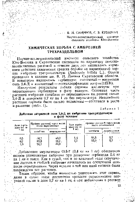 Добавление эмульгатора ОП-7 (0,4 кг на 1 га) обеспечило полное уничтожение амброзии при дозировке гербицида 0,4 кг на 1 га и выше. Как в сухой, так и во влажный годы скручивание листьев и стеблей амброзии начиналось на следующий день после опрыскивания. Через неделю в той или иной степени были повреждены все растения.