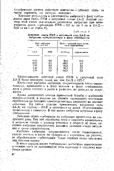 Единичные растения амброзии, сохранившиеся после опрыскивания, проведенного в фазу всходов и фазу стеблевания, хотя и резко отстают в росте и развитии, но доходят до созре-. вания.