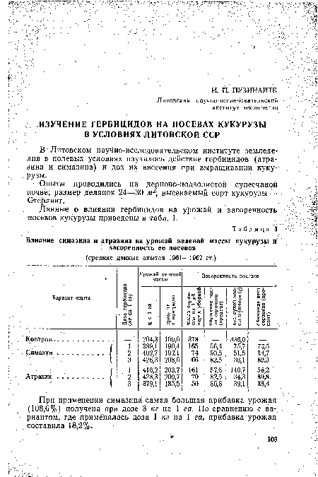 В Литовском научно-исследовательском институте земледелия в полевых условиях изучалось действие гербицидов (атра-зина и-симазина) и доз их внесения при выращивании куку-рузы.