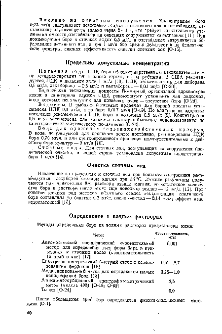 Водоемы. В рыбохозяйственных водоемах для борной кислоты установлена ПДК 0,1 мг/л, а по бору 0,017 мг/л [0-19]. По влиянию на здоровье населения рекомендована ПДК бора в водоемах 0,5 мг/л [5]. Концентрация 0,5 мг/л установлена для водоемов санитарно-бытового водопользования по санитарно-токсикологическому показателю [0-74].