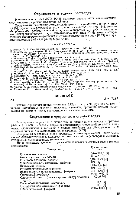 Металл сероватого цвета; плотность 5,72; т. пл. 817 °С; при 615 °С возгоняется; растворимы арсениты щелочных металлов, арсенаты, оксиды различаются по растворимости, все соединения мышьяка ядо виты.