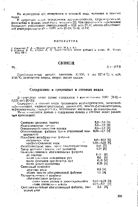 В природных водах свинец содержится в концентрациях 0,001 [0-8] 0,023 мг/л [0-33].