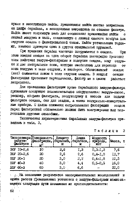 Для проведения фильтрации кроме барабанного вакуум-фильтра применяют следующее вспомогательное оборудование: вакуум-насос, ресивер, сборник фильтрата, воздуходувку и насосы для подачи фильтрата осадка, бак для осадка, а также контрольно-измерительные приборы. С целью снижения сопротивления фильтрации осадок перед фильтрацией обязательно должен быть коагулирован или подготовлен другими способами.