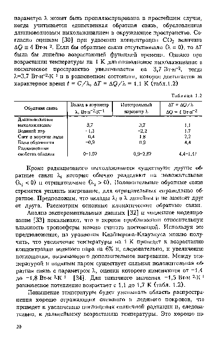 Анализ экспериментальных данных [32] и численное моделирование [33] показывают, что в первом приближении относительную влажность тропосферы можно считать постоянной. Используя это предположение, из уравнения Клайперона-Клаузиуса можно получить, что увеличение температуры на 1 К приведет к возрастанию концентрации водяного пара на 6% и, следовательно, к увеличению поглощения, вызывающего дополнительное нагревание. Между температурой и водяным паром существует сильная положительная обратная связь с параметром Х оценки которого изменяются от -1,4 до -1,8 Вт-м"2-К 1 [34]. Для типичного значения -1,5 Вт-м 2-К 1 равновесное потепление возрастает с 1,1 до 1,7 К (табл. 1.2).