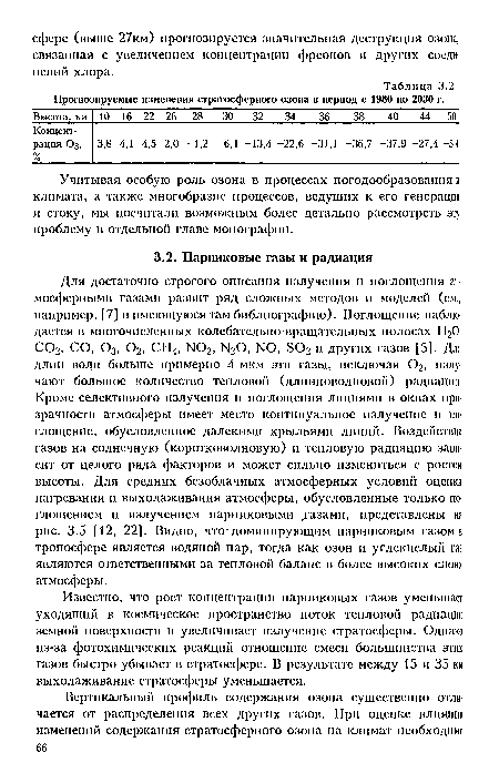 Известно, что рост концентрации парниковых газов уменьшает уходящий в космическое пространство поток тепловой радиации земной поверхности и увеличивает излучение стратосферы. Однако из-за фотохимических реакций отношение смеси большинства этих газов быстро убывает в стратосфере. В результате между 15 и 35 км выхолаживание стратосферы уменьшается.